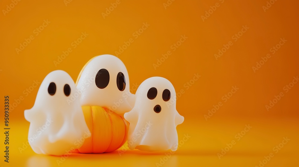 Halloween ghosts with funny pumpkin on orange background. Happy halloween holiday concept. Halloween ghosts with funny pumpkin on orange background. Happy halloween holiday concept.