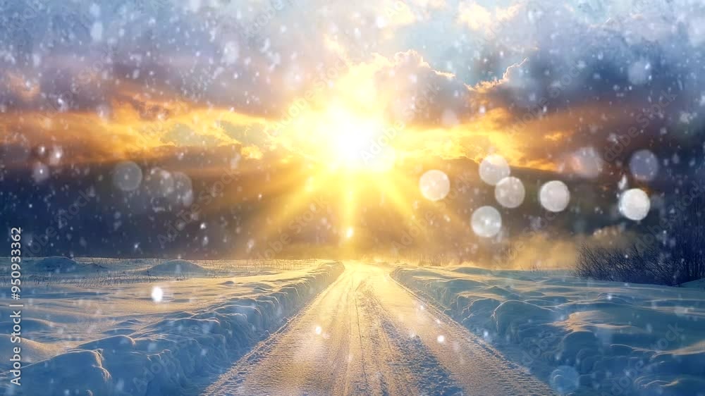 A snowy road stretches into the distance as the sun sets, casting warm golden rays through a winter forest. Seamless looping 4k time-lapse animation video background A snowy road stretches into the distance as the sun sets, casting warm golden rays through a winter forest. Seamless looping 4k time-lapse animation video background