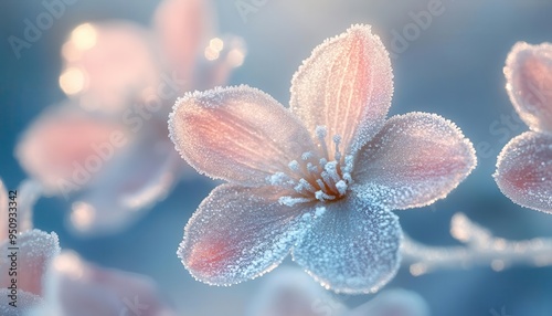 Frozen flowers glistening in the morning sun, with delicate ice crystals covering the petals, Detailed, Cool Tones, Macro