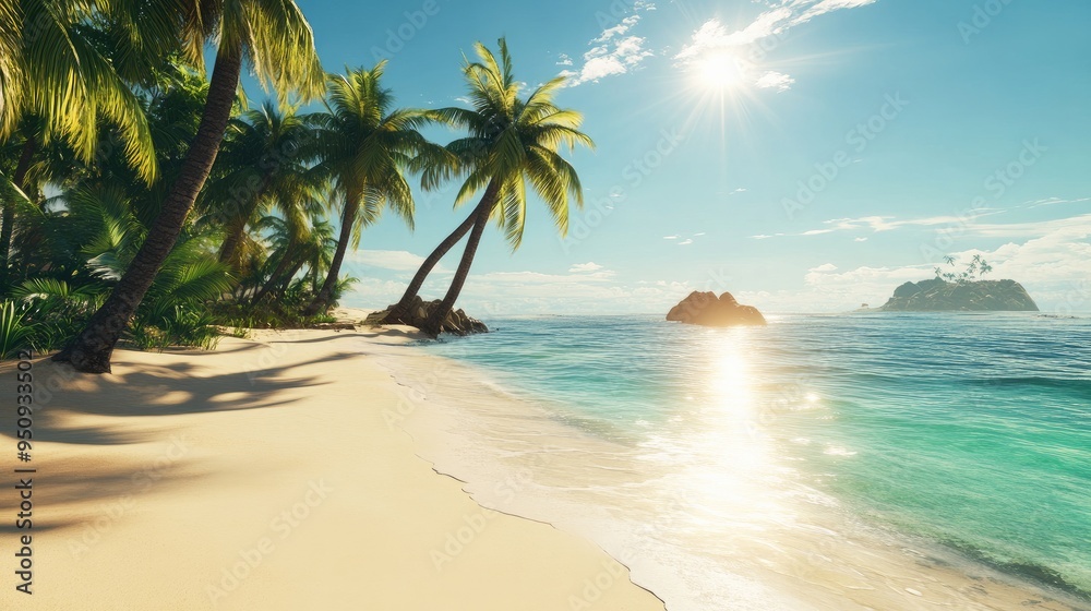 A detailed shot of a tropical beach with palm trees, golden sand, and crystal-clear water under a bright sun A detailed shot of a tropical beach with palm trees, golden sand, and crystal-clear water under a bright sun