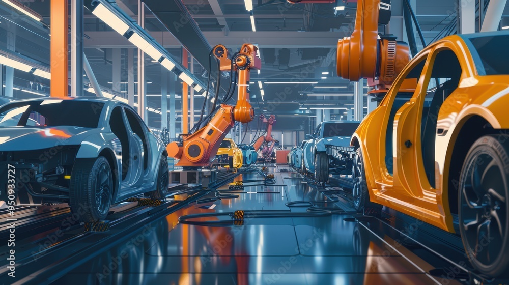 Car assembly line being used by robots in a factory