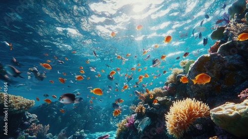 Fototapeta Naklejka Na Ścianę i Meble -  A high-resolution shot of a coral reef teeming with colorful fish, under the clear waters of a tropical ocean