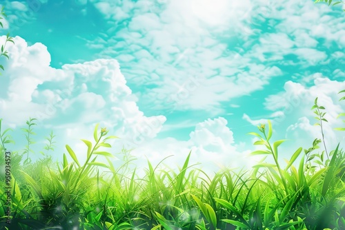 Art design with grass and clouds on a spring background representing a summer landscape