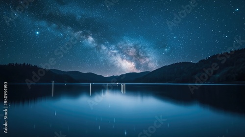 A high-resolution shot of a starry night sky over a calm lake, with the Milky Way visible and reflecting on the water -