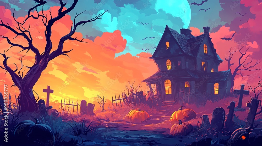Happy halloween banner or party invitation background with haunted house, graveyard, dead tree and pumpkins. Happy halloween banner or party invitation background with haunted house, graveyard, dead tree and pumpkins.