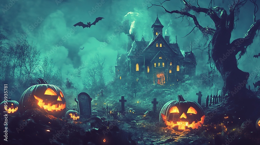 Happy halloween banner or party invitation background with haunted house, graveyard, dead tree and pumpkins.