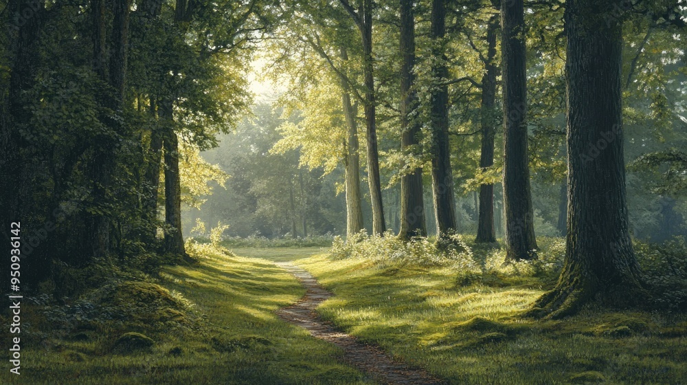 Obraz premium A peaceful forest scene with sunlight filtering through the trees, casting dappled shadows on a mossy path