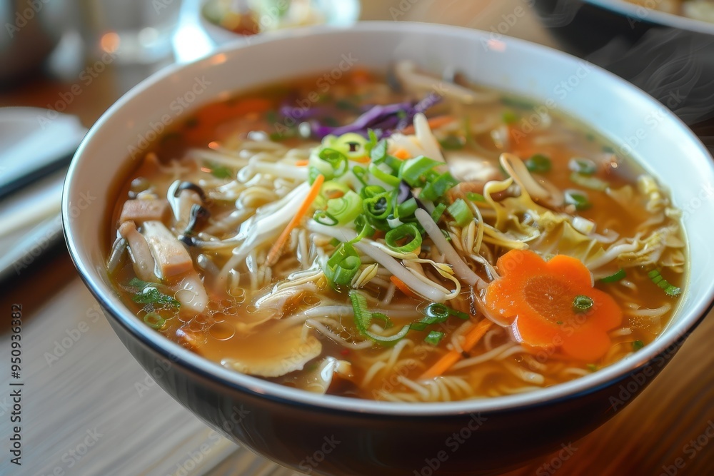 Asian restaurant serving chicken noodle soup with shiitake mushrooms carrots and cabbage Hard light vertical presentation Asian restaurant serving chicken noodle soup with shiitake mushrooms carrots and cabbage Hard light vertical presentation