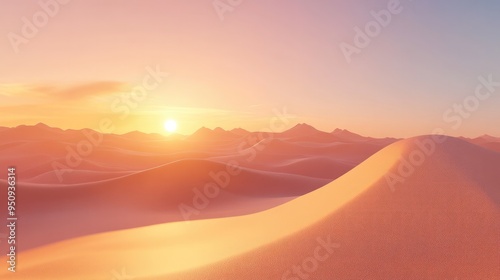 A serene desert landscape with sand dunes, softly lit by the setting sun, under a cloudless sky