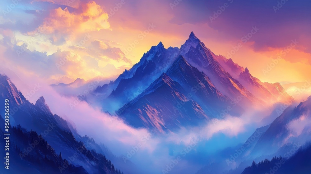 A serene mountain landscape at sunrise, with mist rolling over the peaks and vibrant colors in the sky A serene mountain landscape at sunrise, with mist rolling over the peaks and vibrant colors in the sky