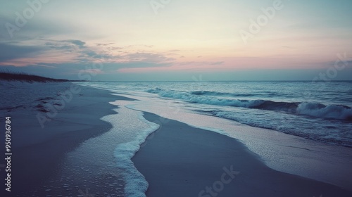 A tranquil beach at dusk, with the waves gently lapping the shore and the sky transitioning from day to night