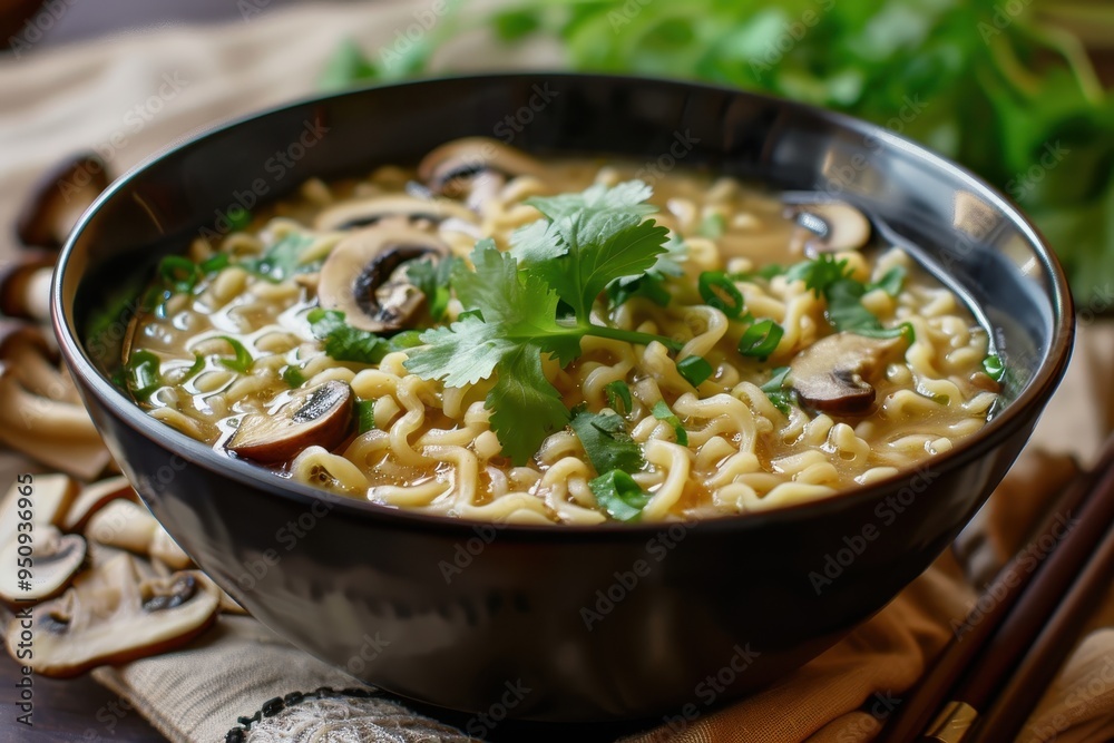 Asian vegan ramen soup with miso mushrooms onions and cilantro Asian vegan ramen soup with miso mushrooms onions and cilantro