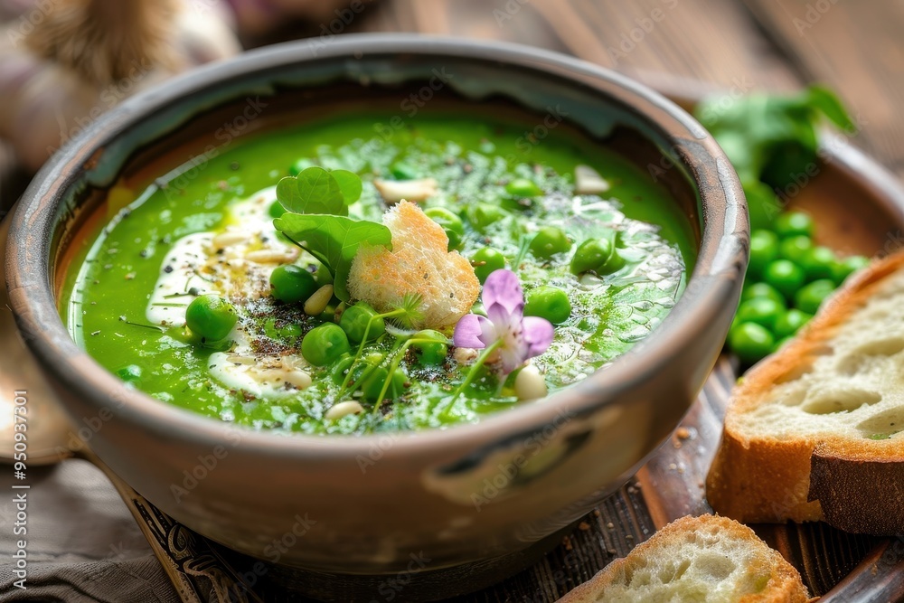 Asparagus peas watercress soup with garlic bread and cream cheese Asparagus peas watercress soup with garlic bread and cream cheese