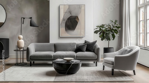 Scandinavian Serenity: Elegant Gray Sofa and Armchair with Modern Touches