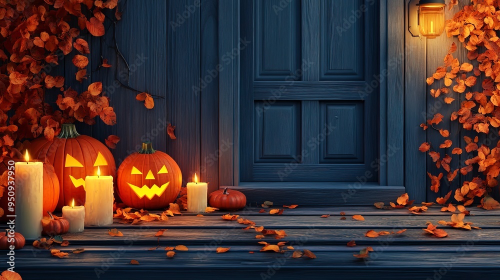 Obraz premium Background with halloween pumpkins, candles and autumn leaves on the wooden house porch 