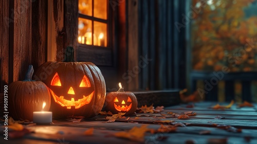 Background with halloween pumpkins, candles and autumn leaves on the wooden house porch 
