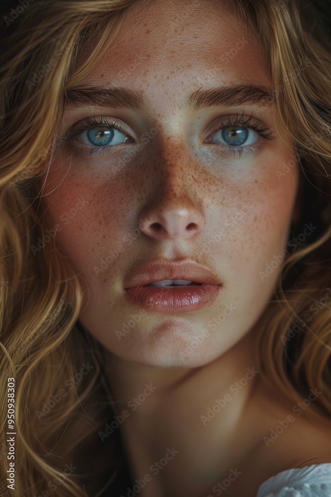 Close-up portrait of a woman with distinctive freckles on her face, ideal for use in beauty or lifestyle photography Close-up portrait of a woman with distinctive freckles on her face, ideal for use in beauty or lifestyle photography