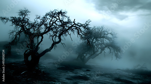 Fog-covered landscape with dark twisted trees, shadows and eerie sounds heighten tension and fear. photo