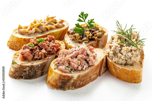 Assorted meat spreads on bread and toast with tuna terrine chopped liver and fish paste on white background photo