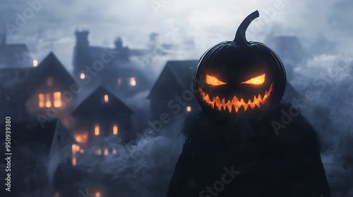 Raster illustration of man with a Halloween Pumpkin head. Houses shrouded in white fog, twilight, dark terrifying silhouettes, horror, night, evil spirits. Mystic concept. 3D artwork raster background photo