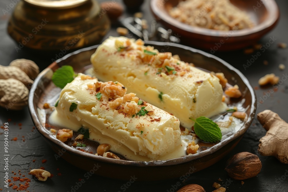Authentic Indian dessert made with condensed milk nuts frozen on earthen plate Authentic Indian dessert made with condensed milk nuts frozen on earthen plate