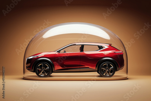 A car protected under a glass dome bubble. Car insurance concept