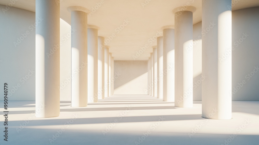 Bright minimalist interior featuring rows of white columns casting long shadows in a spacious gallery during daylight hours.
