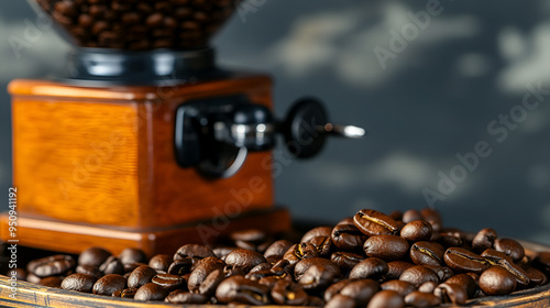 Freshly Roasted Coffee Beans with Vintage Grinder