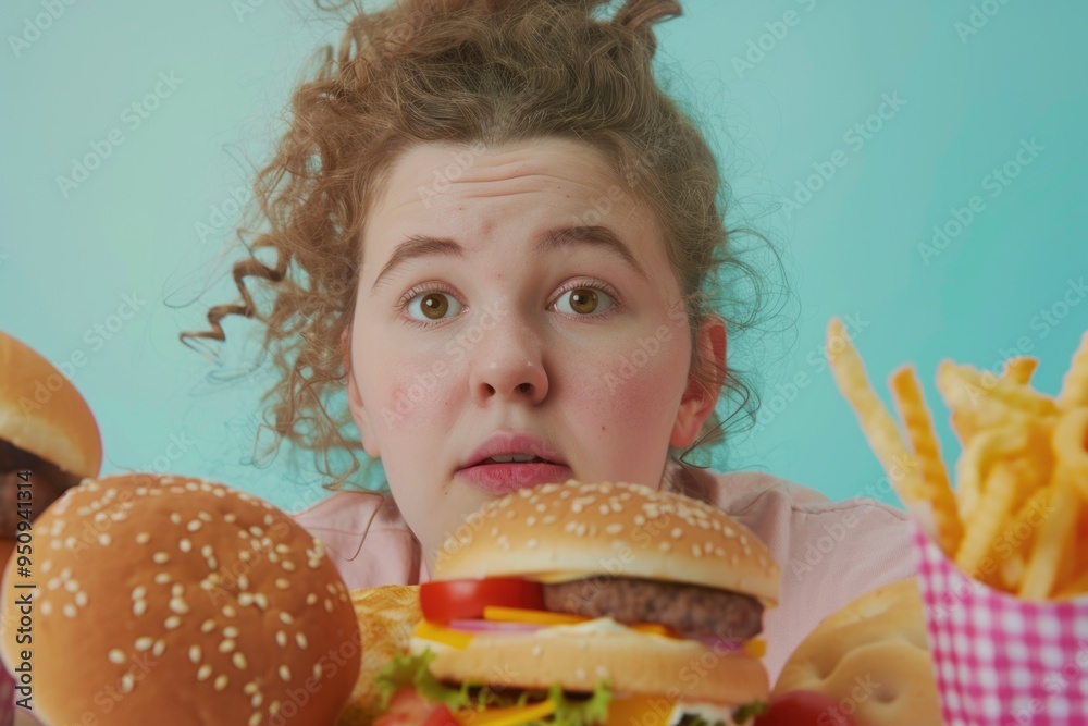A woman enjoying a meal of hamburger and french fries A woman enjoying a meal of hamburger and french fries
