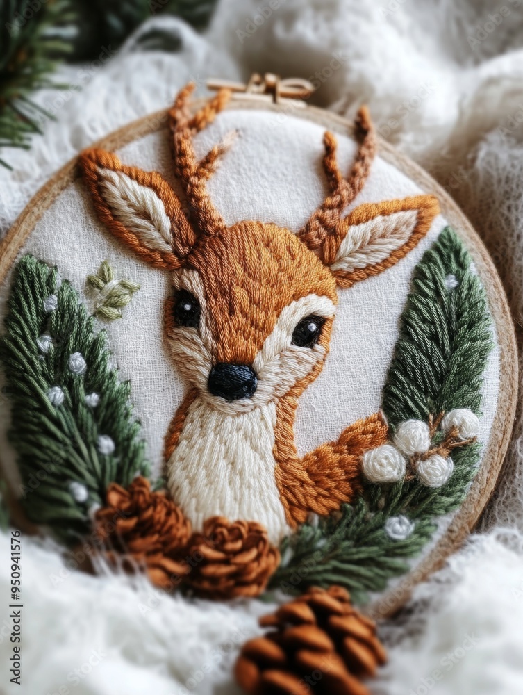 Fototapeta premium Christmas deer in embroidery style