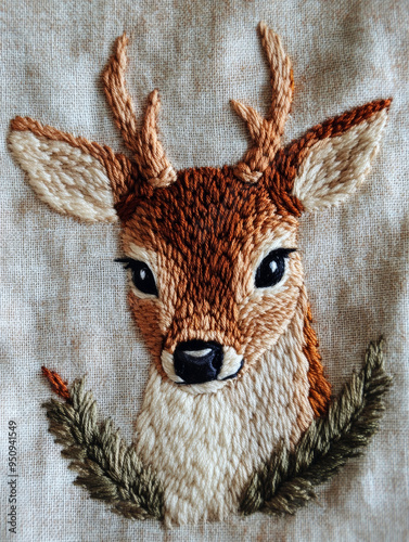 Christmas deer in embroidery style photo