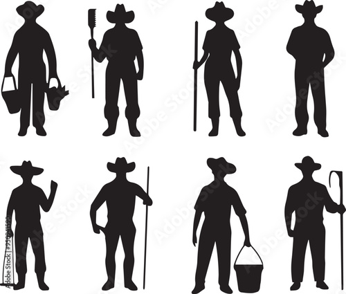 Farmer silhouette vector icons, farmer ready to work in fields vector
