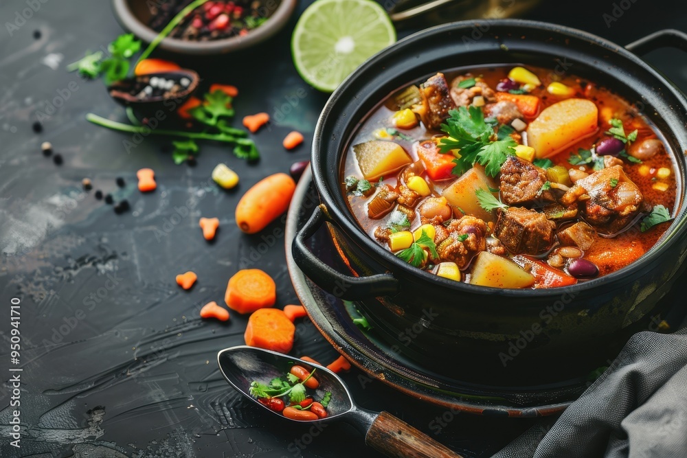 Autumn stew Mexican vegetable mole with meat potatoes carrots beans corn lime Blank space for text Autumn stew Mexican vegetable mole with meat potatoes carrots beans corn lime Blank space for text