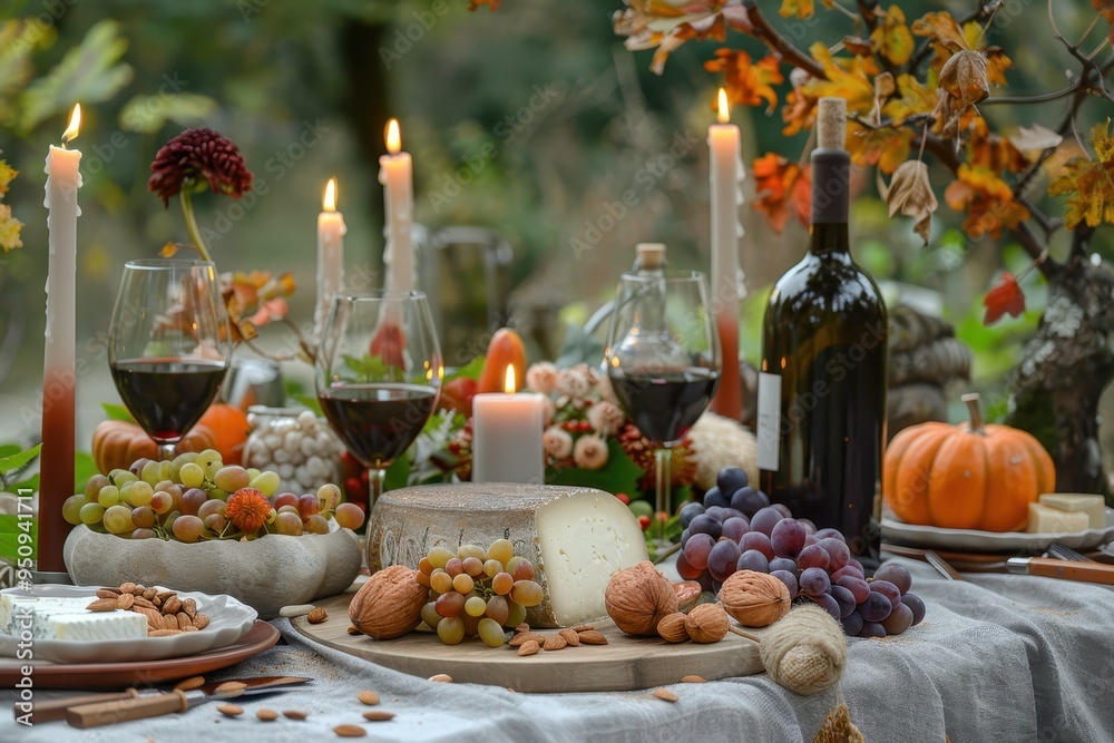 Autumn outdoor Thanksgiving party with elegant table decor cheese grapes almonds wine candles pumpkins Perfect for a romantic lunch or wedding Autumn outdoor Thanksgiving party with elegant table decor cheese grapes almonds wine candles pumpkins Perfect for a romantic lunch or wedding