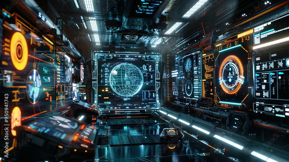 Futuristic Spaceship Interior with Holographic Displays Futuristic Spaceship Interior with Holographic Displays