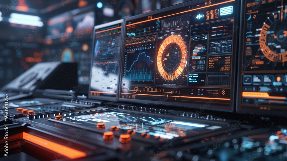 Fototapeta premium Futuristic Control Panel with Orange and Blue Digital Displays