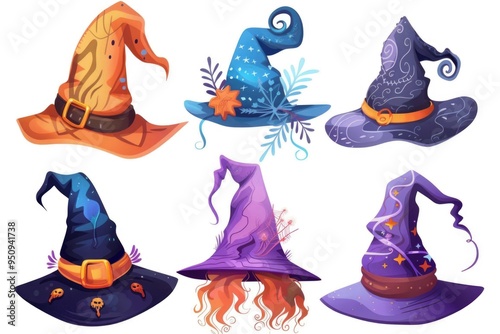 A set of colorful cartoon witch's hats for various magical occasions photo