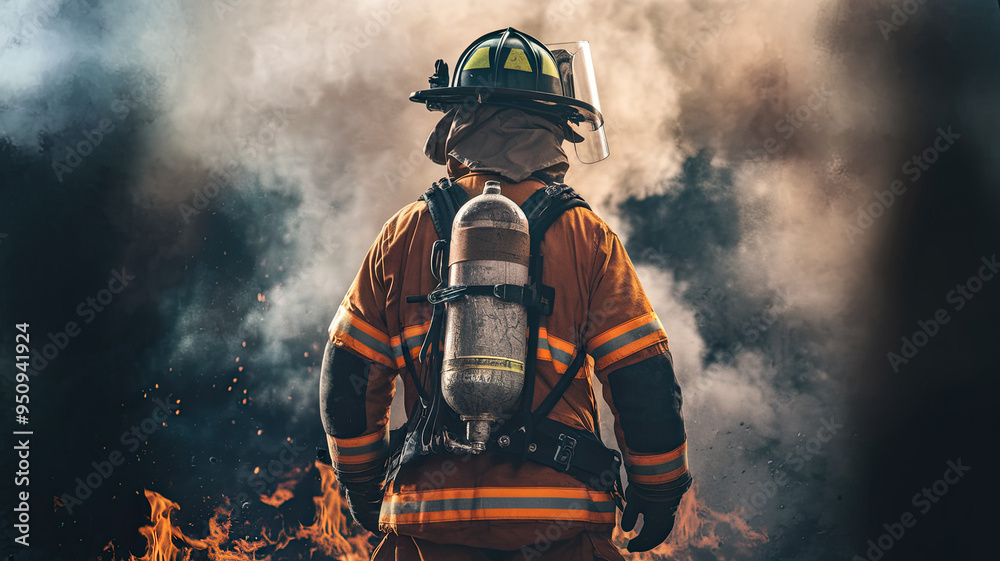 Fototapeta premium Back view of a firefighter fully equipped in protective gear, standing amidst a haze of smoke with visible flames, dark background