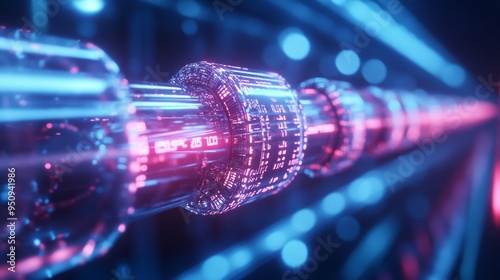 Detailed shot of conveyor belt mechanics, cyberpunk style, neon highlights, chrome surfaces, holographic elements reflecting futuristic tech, low-angle view, cinematic lighting