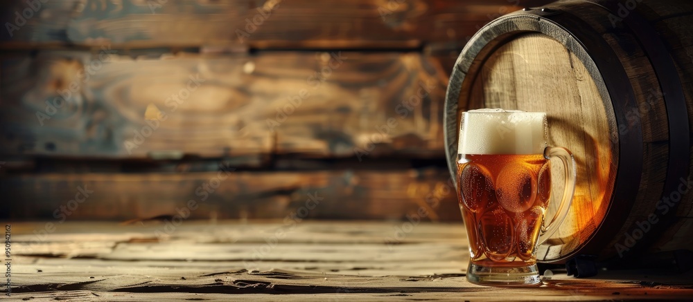 Beer Barrel With Beer Glass On Table On Wooden Background Beer Barrel With Beer Glass On Table On Wooden Background