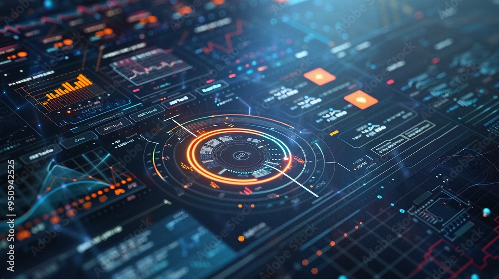 Futuristic Digital Interface with Glowing Circular Display and Data Graphics Futuristic Digital Interface with Glowing Circular Display and Data Graphics