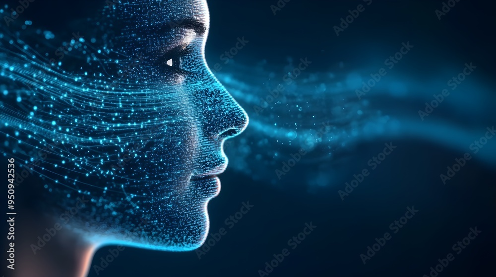 Double exposure of soundwaves and a human face, abstract representation of AI-powered security technology, blending digital and organic elements Double exposure of soundwaves and a human face, abstract representation of AI-powered security technology, blending digital and organic elements