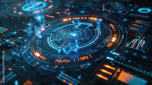 Futuristic Interface with Circular Display and Data Visualizations