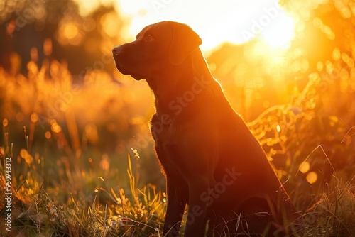 Back lit Labrador retriever at sunrise