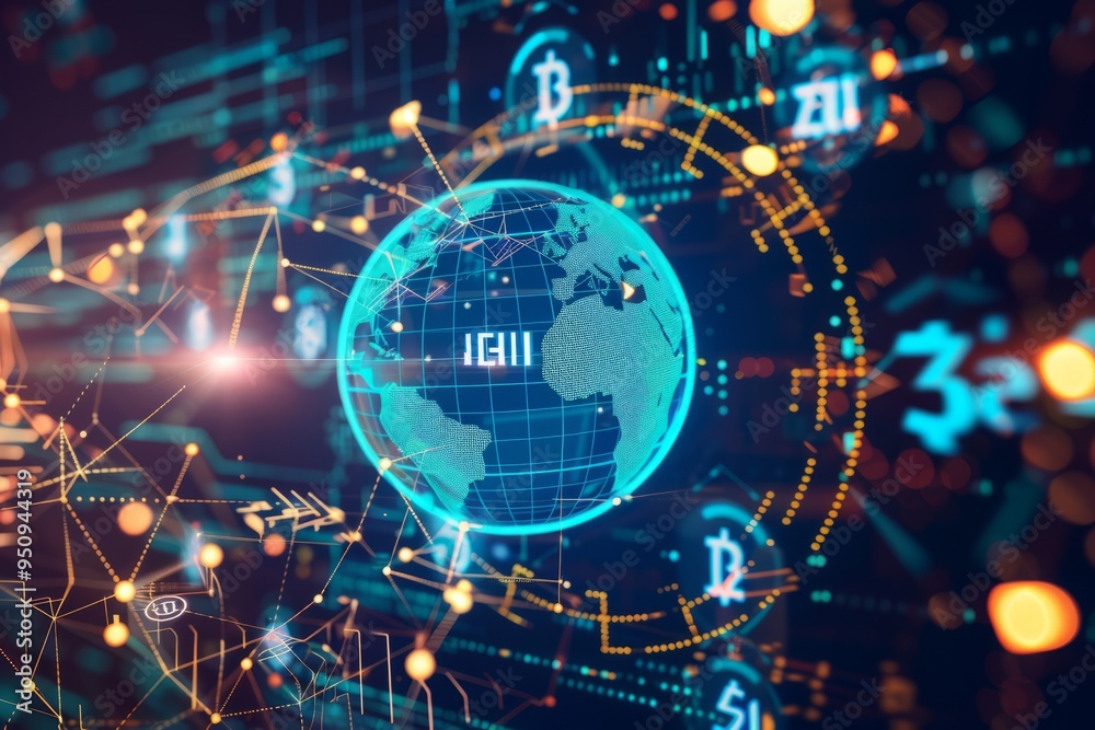 Obraz premium Glowing digital globe surrounded by stock market data, symbolizing global finance, digital transformation, and the integration of technology in the financial markets for a connected world economy