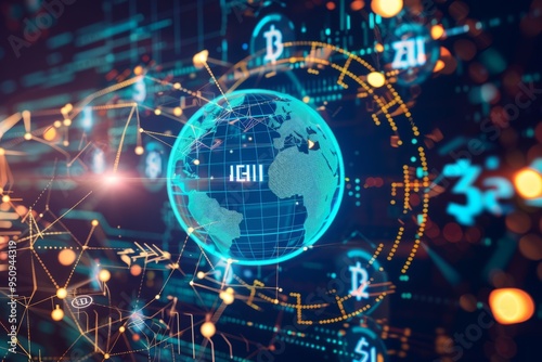 Glowing digital globe surrounded by stock market data, symbolizing global finance, digital transformation, and the integration of technology in the financial markets for a connected world economy
