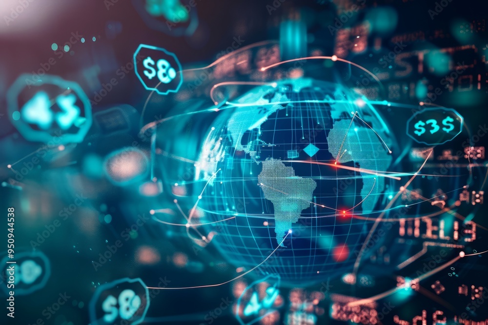 Fototapeta premium Digital globe with financial data, representing global finance, the interconnectedness of markets, and the impact of digital transformation on the global economy and trading systems