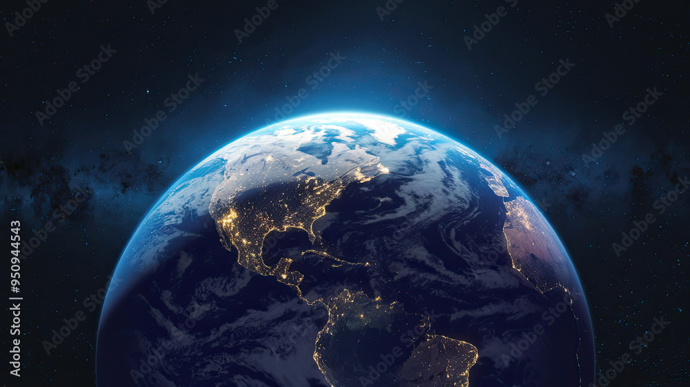 Fototapeta premium Stunning view of Earth from space illuminated by radiant blue light, showcasing the planet's beauty against the vast cosmos, highlighting the contrast between Earth's luminance