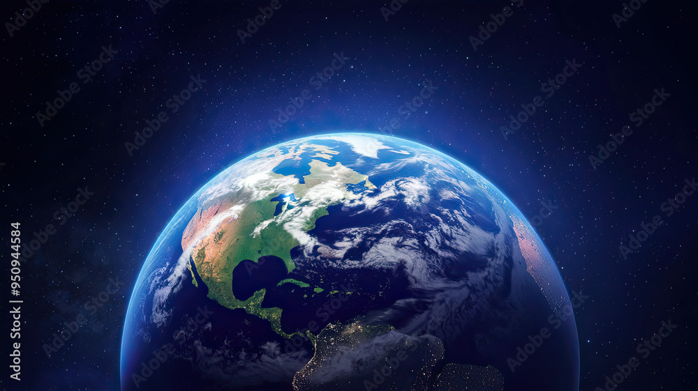 Stunning view of Earth from space illuminated by radiant blue light, showcasing the planet's beauty against the vast cosmos, highlighting the contrast between Earth's luminance Stunning view of Earth from space illuminated by radiant blue light, showcasing the planet's beauty against the vast cosmos, highlighting the contrast between Earth's luminance