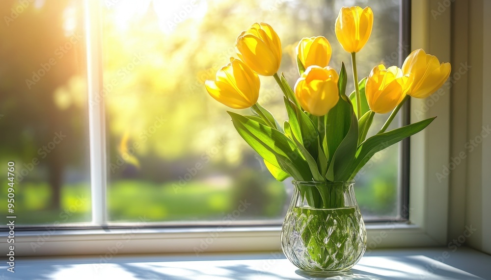 Vibrant Yellow Tulips Blooming in Sunlit Window Vibrant Yellow Tulips Blooming in Sunlit Window